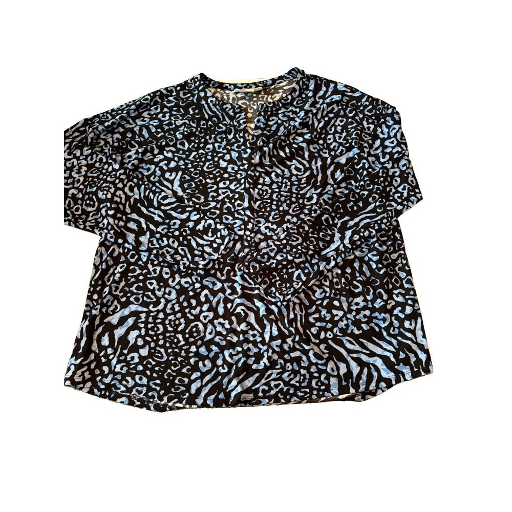 Dana Buchman XL Black Blue Animal Print VNeck Long Sleeve Stretch Blouse Mobwife